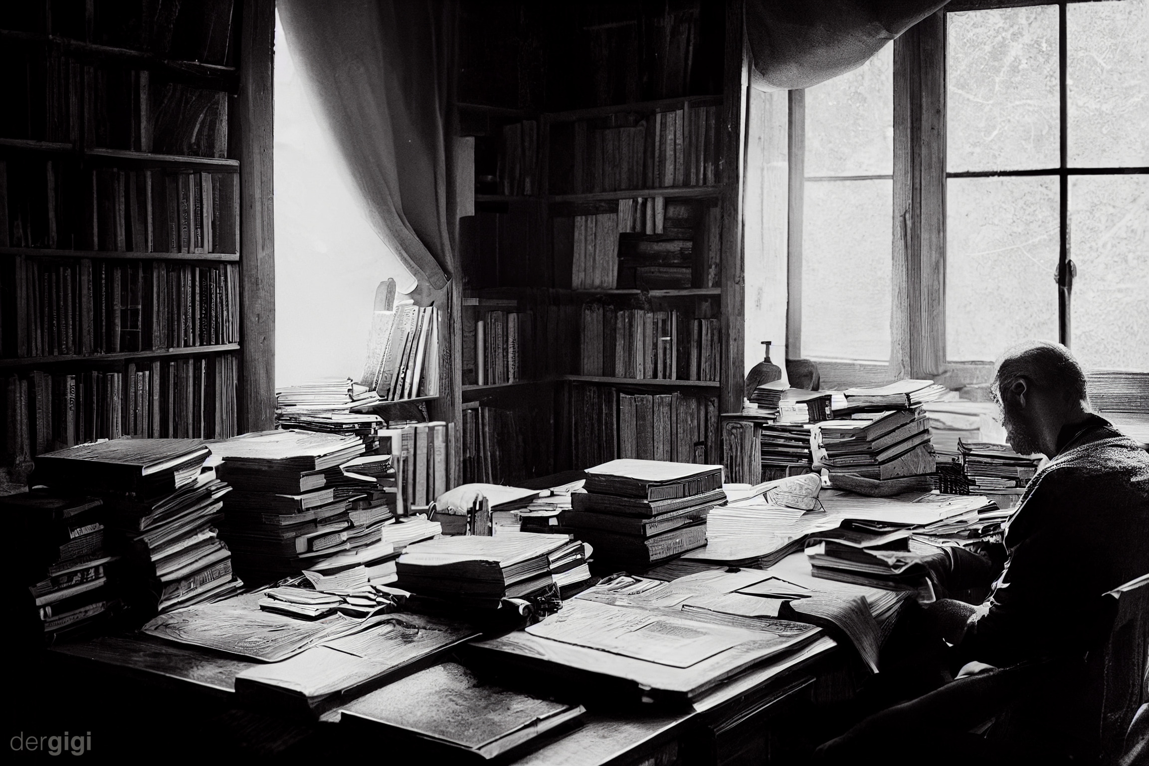 'An author sitting at his old wooden desk in his small cabin.'
